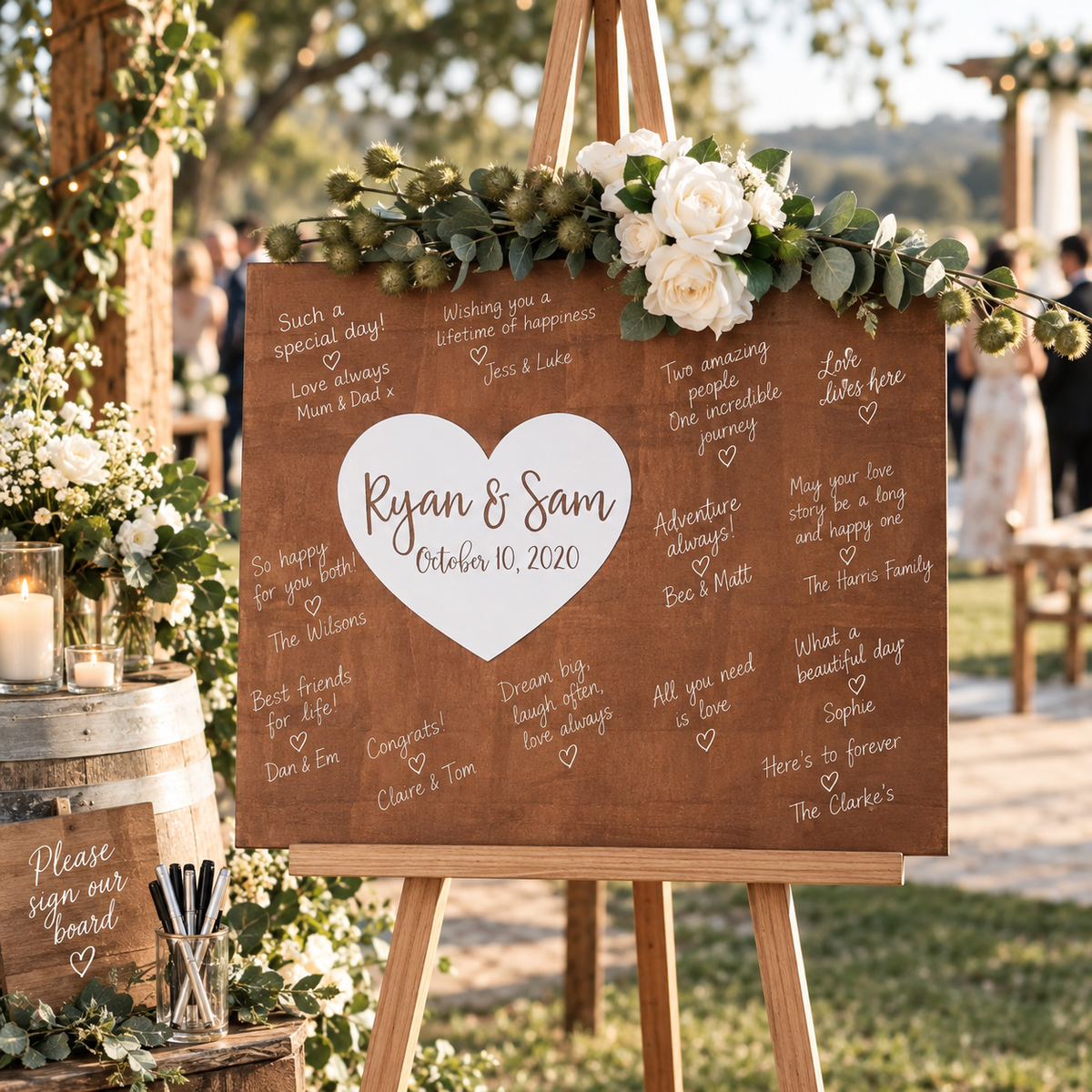 WEDDING GUEST BOOK Signing Board, Sign In Reception, Wood Rectangle Heart, Rustic Farmhouse Wedding Sign, Bride and Groom Name Indoor Plaque